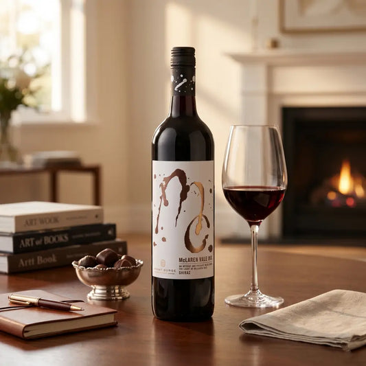 Bottle of red wine with a glass on a table in a cozy room with a fireplace.