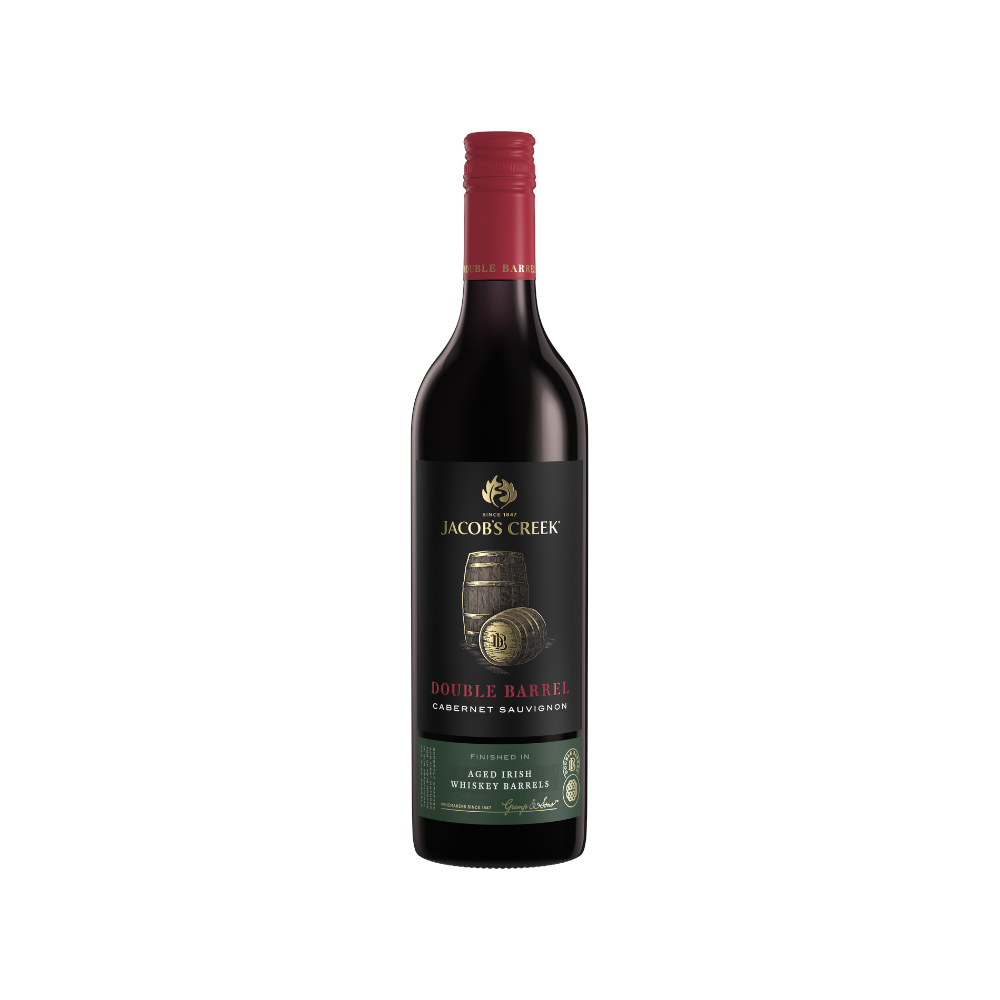 Red wine bottle with a black label on a white background