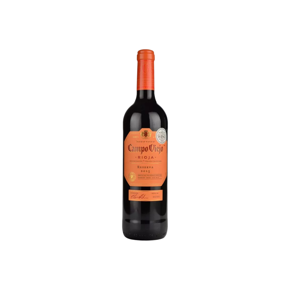 Wine bottle with orange label on a white background