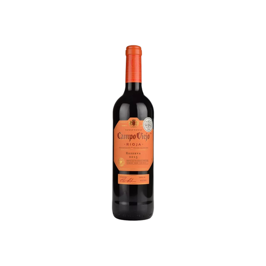 Wine bottle with orange label on a white background