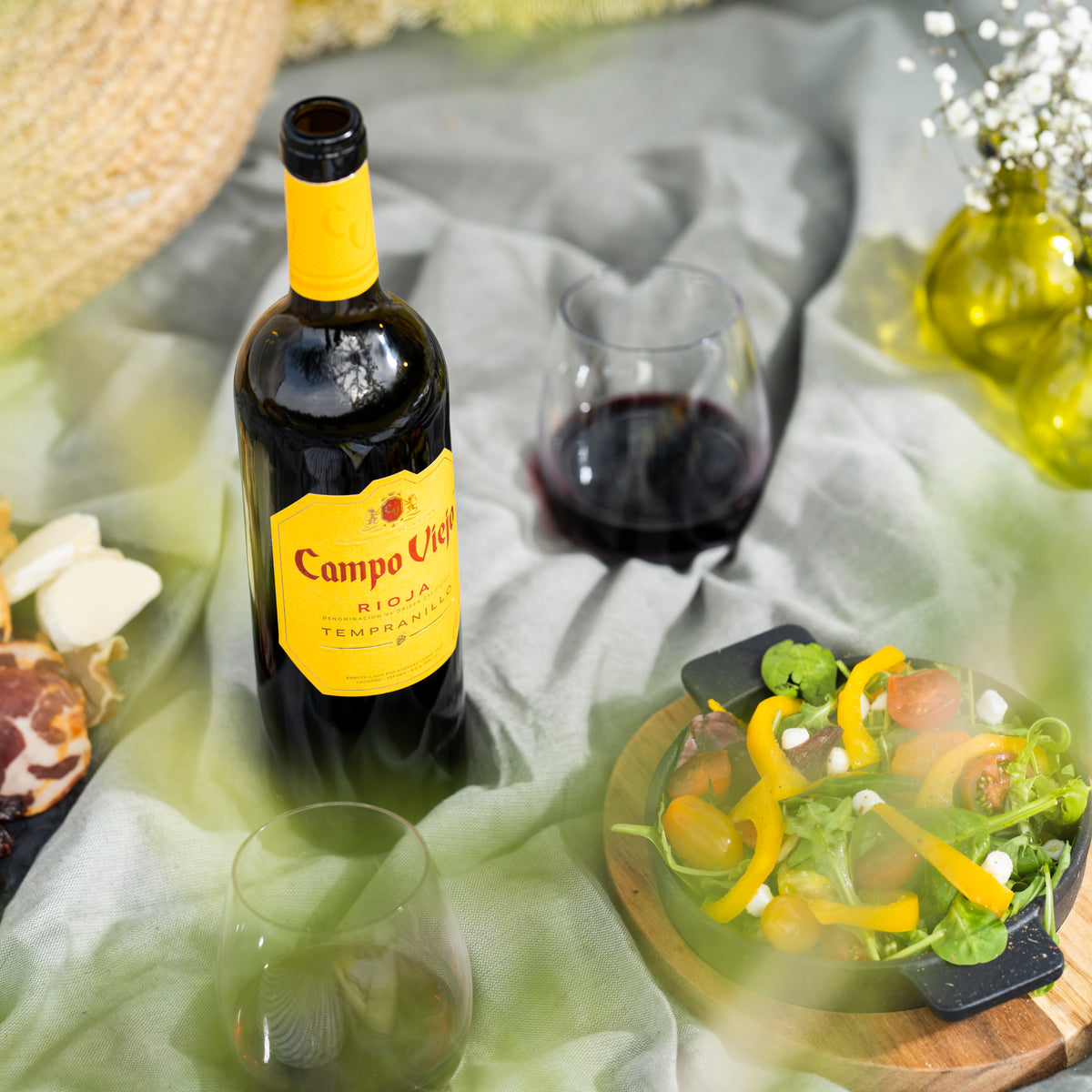 Bottle of Campo Viejo wine with a glass on a picnic blanket, surrounded by food.