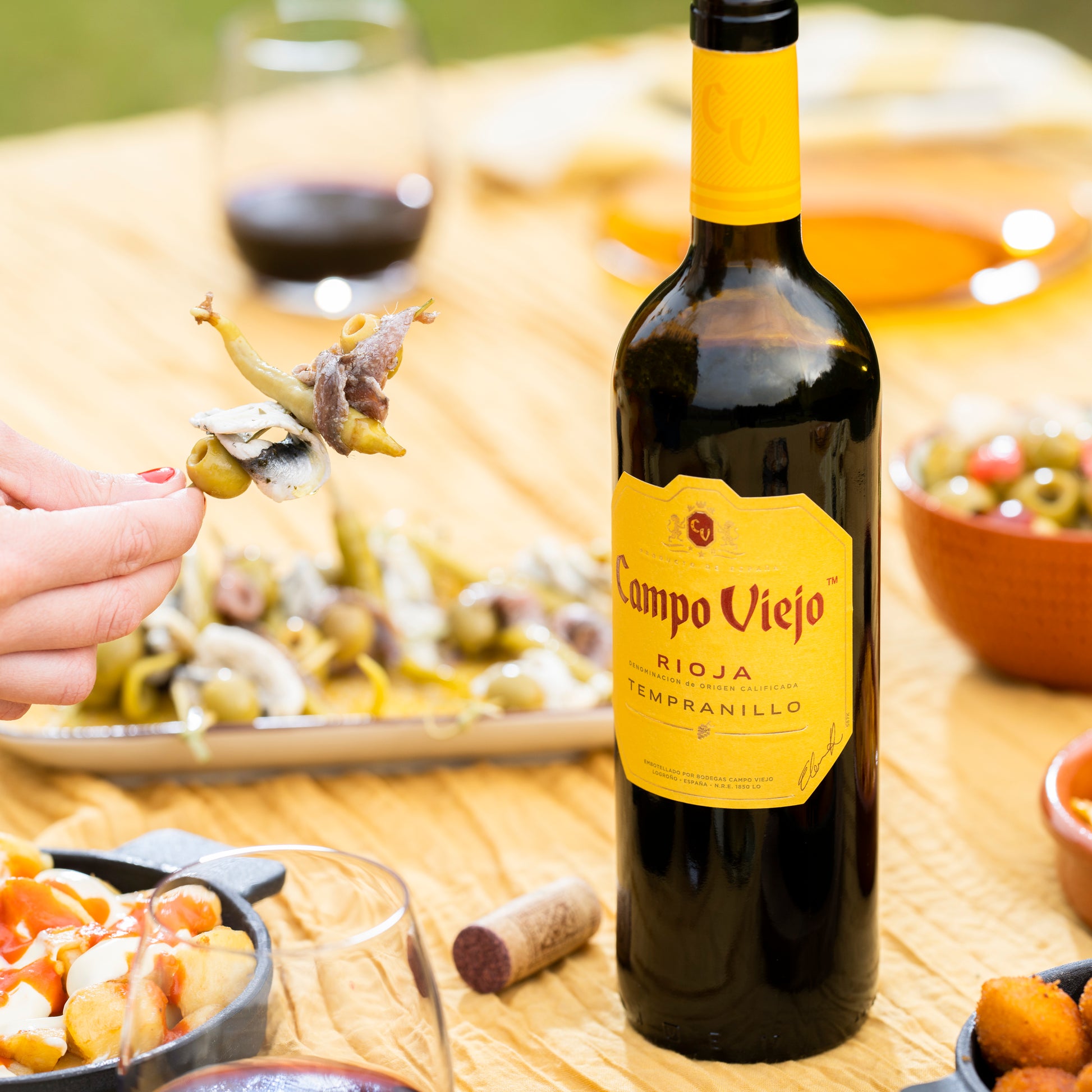 Bottle of Campo Viejo Rioja Tempranillo wine on a table with food and a glass.