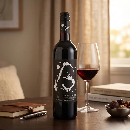 Wine bottle with a glass of red wine on a table, with books and a pen in the background.