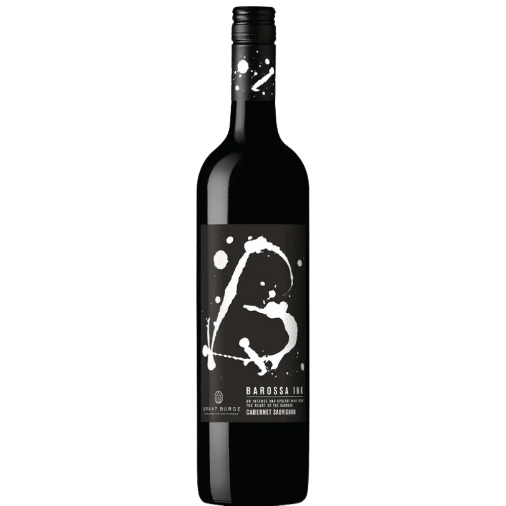 Wine bottle with a black and white label on a white background