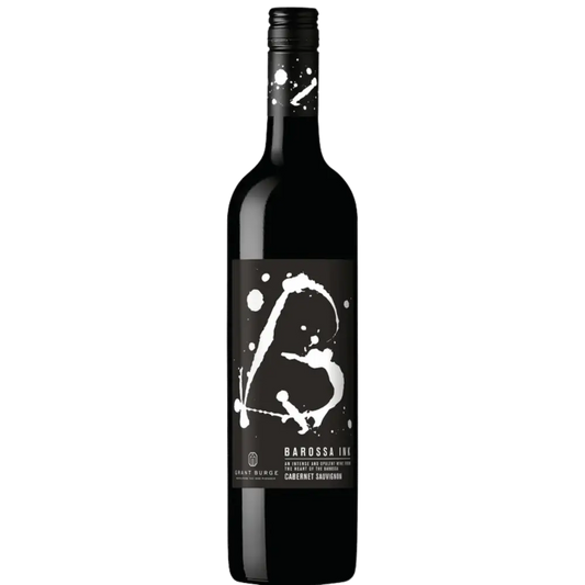 Wine bottle with a black and white label on a white background