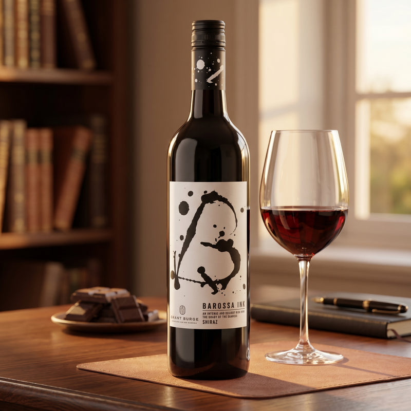 Wine bottle with a glass of red wine on a wooden table, with a bookshelf in the background.