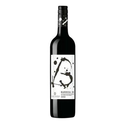 Wine bottle with a black and white label on a white background
