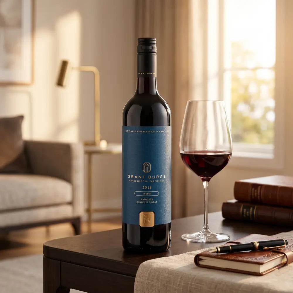 Bottle of Grant Burge wine with a glass on a table in a cozy living room.
