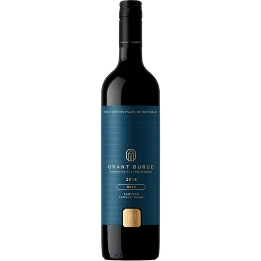 Wine bottle with blue label on a white background