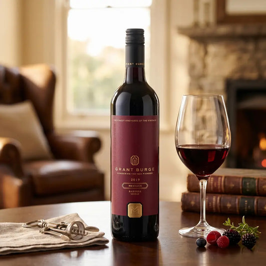 Grant Burge wine bottle with a glass of red wine on a table in a cozy room.