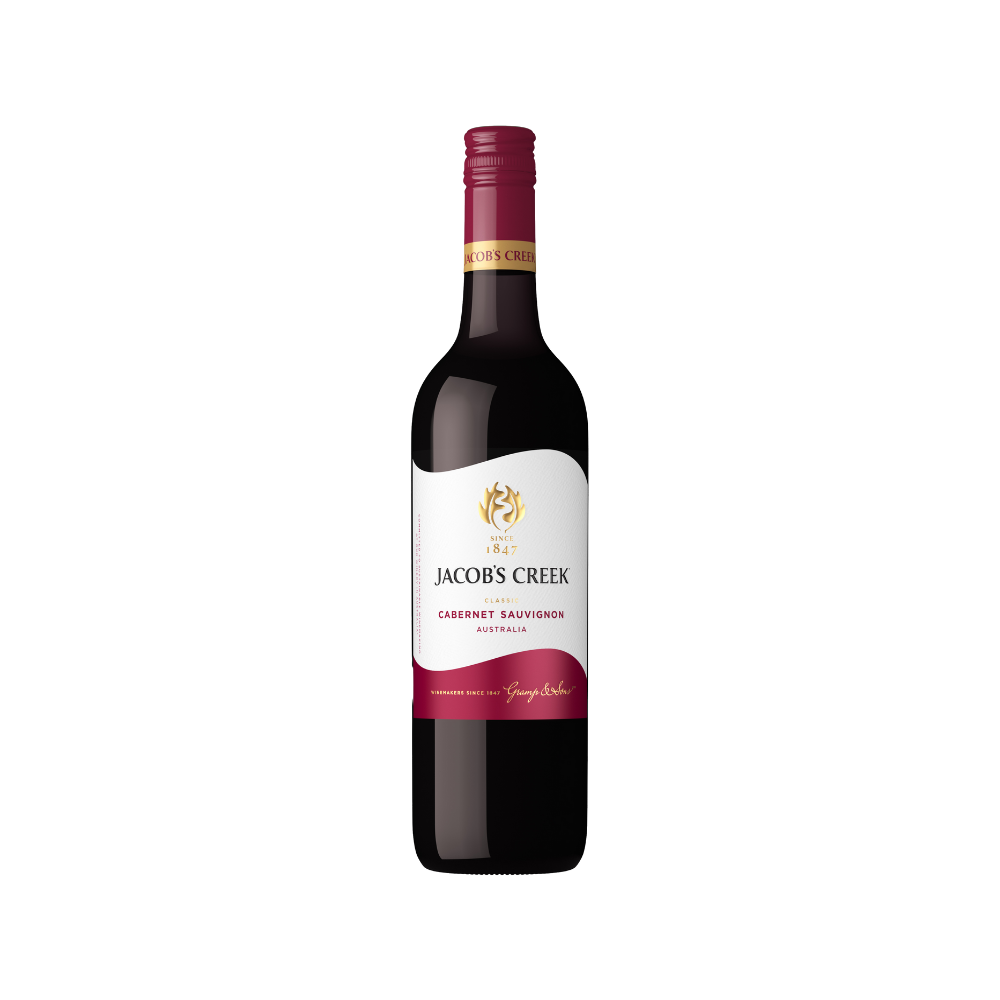 Red wine bottle with Jacob's Creek label on a white background