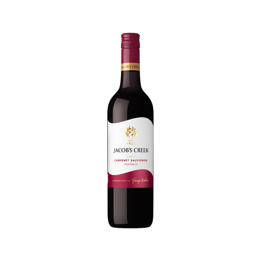 Red wine bottle with Jacob's Creek label on a white background