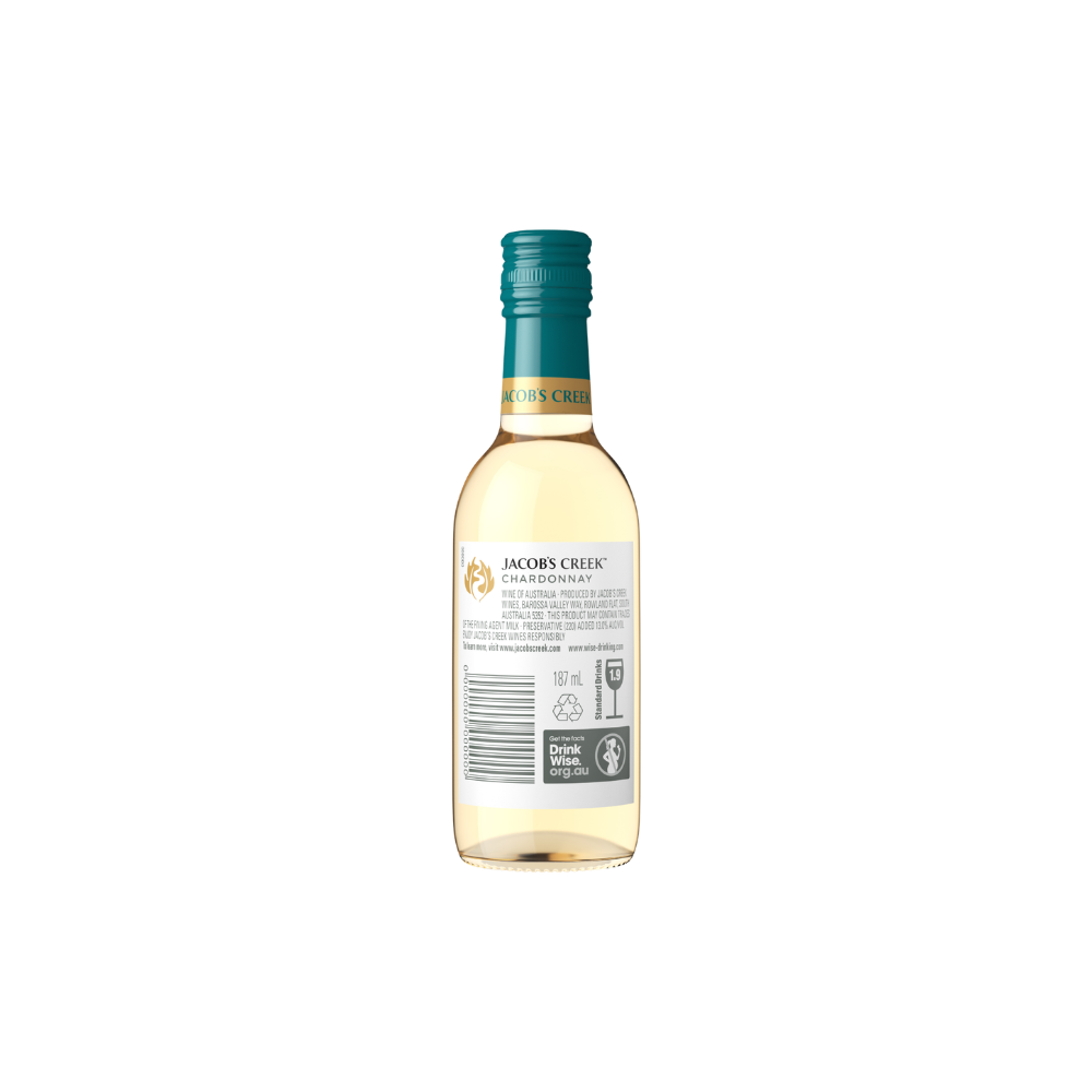Bottle of Jacob's Creek Chardonnay wine on a white background