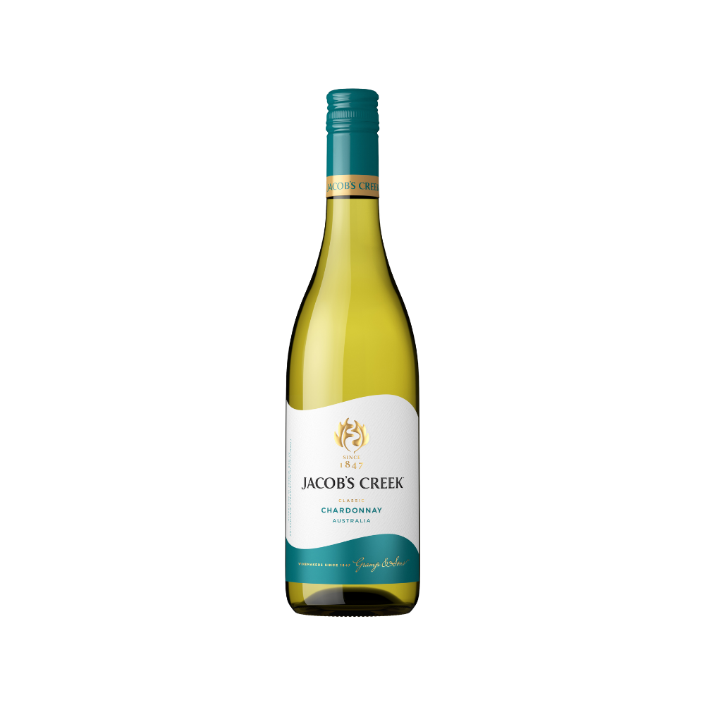 Bottle of Jacob's Creek Chardonnay wine on a white background