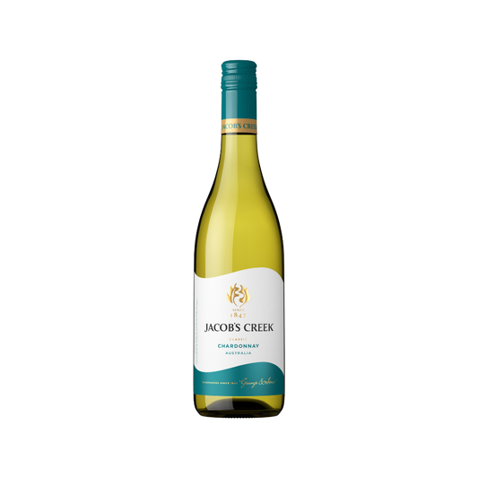 Bottle of Jacob's Creek Chardonnay wine on a white background