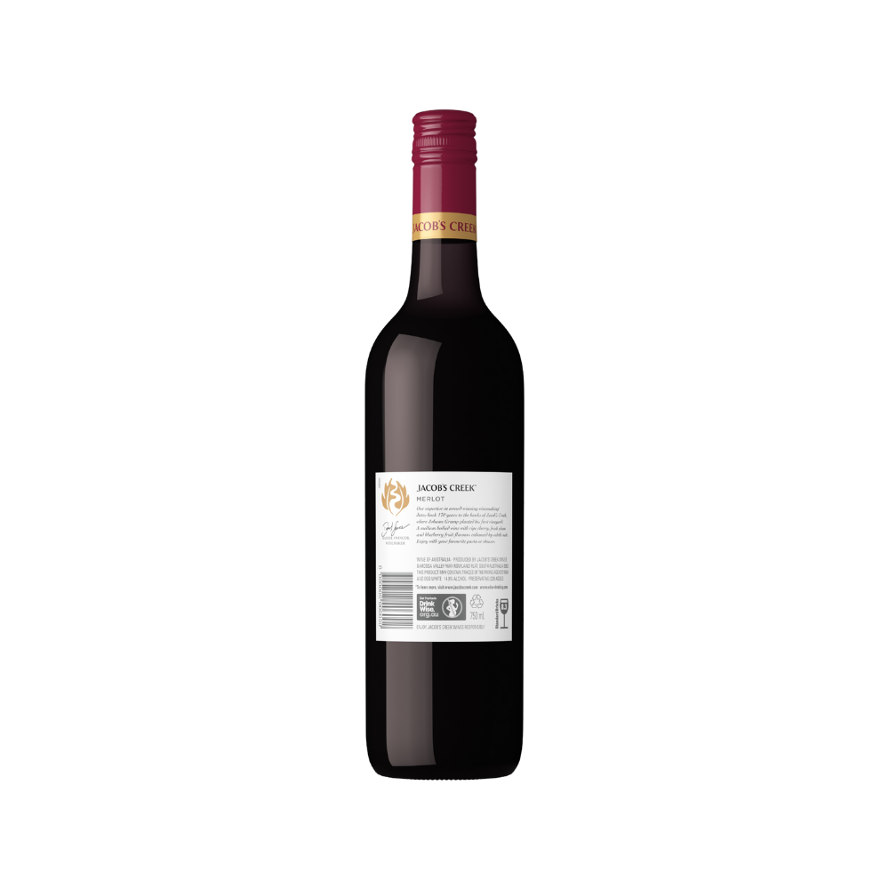 Red wine bottle with a visible label on a white background