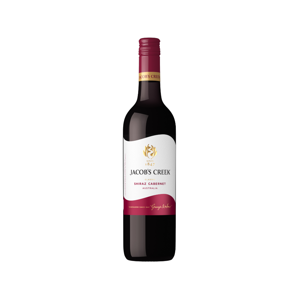 Bottle of Jacob's Creek Shiraz Cabernet wine on a white background
