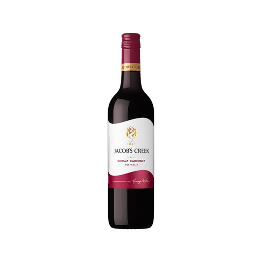 Bottle of Jacob's Creek Shiraz Cabernet wine on a white background