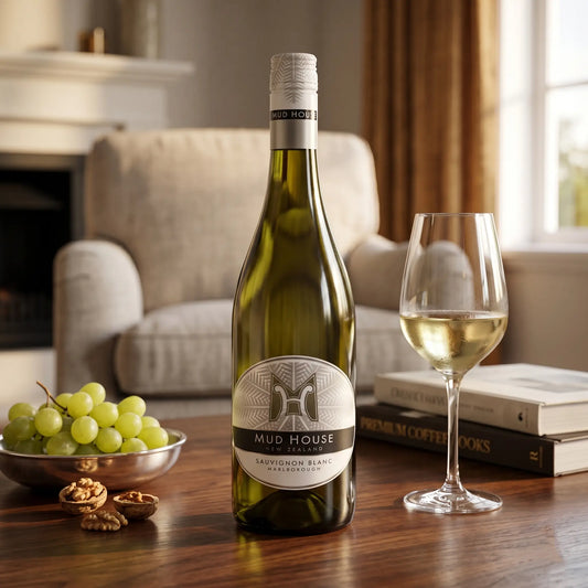 Mud House wine bottle with a glass of white wine on a table in a cozy living room.