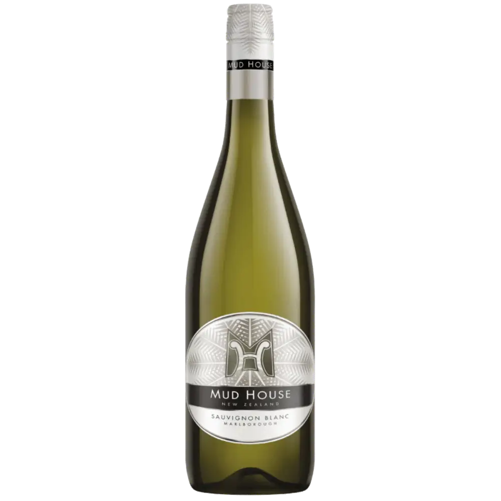 Bottle of Mud House Sauvignon Blanc wine on a white background