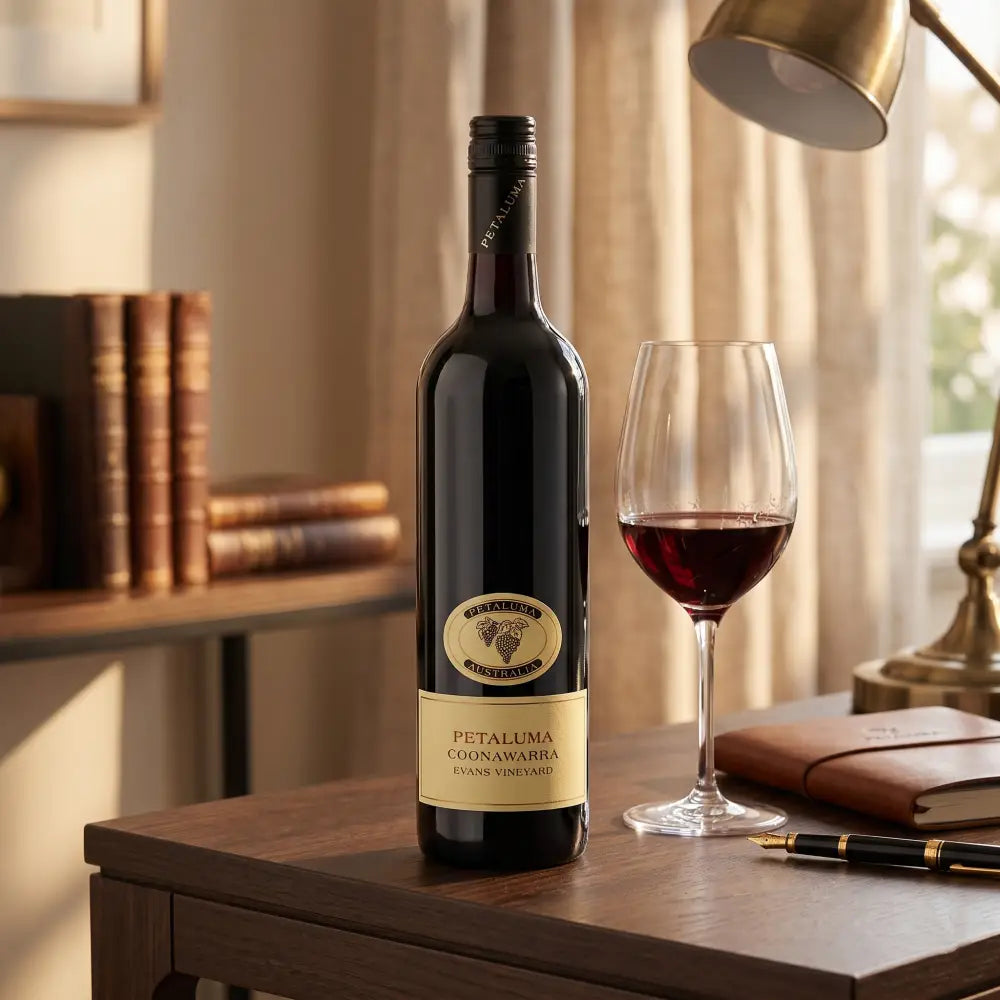 Bottle of Petaluma Coonawarra wine with a glass of red wine on a wooden table.